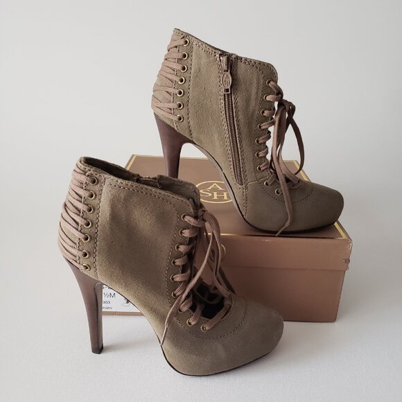 ASH Size 37.5 (US 7) Khaki Side Zipper Lace Up Ankle Boot Heels With Box - Picture 9 of 13